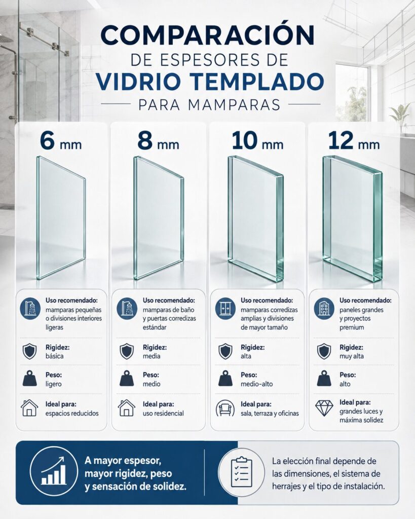Comparación de espesores de vidrio templado para mamparas de 6, 8, 10 y 12 mm