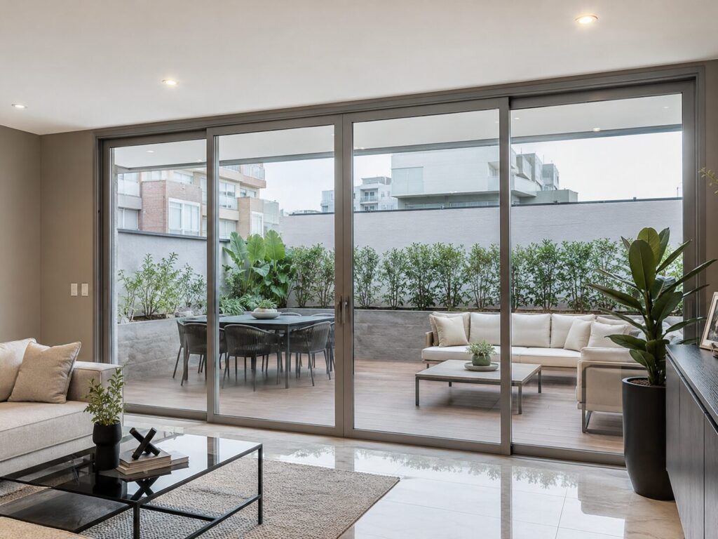 Mampara corrediza de vidrio templado para sala y terraza