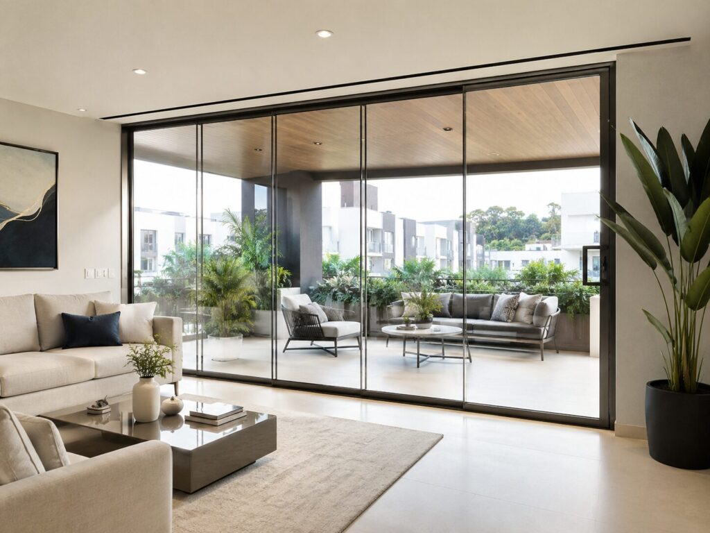 Mampara de vidrio templado para sala y terraza de una casa